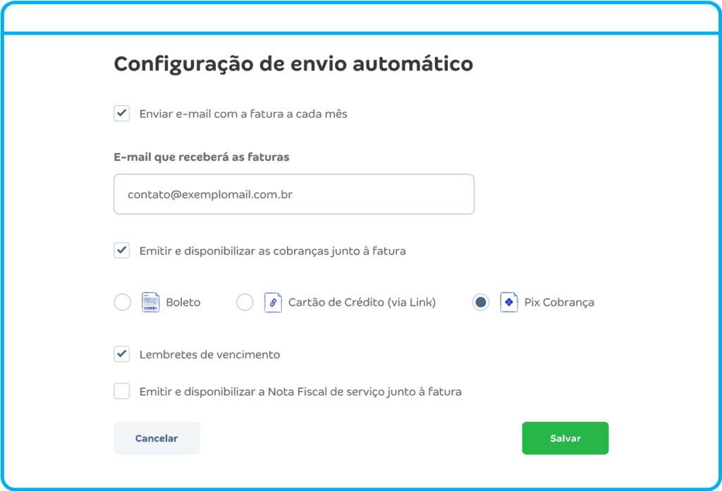 Envie a cobrança para seus clientes por boleto registrado, Pix Cobrança ou cartão de crédito (via link). Integrado ao ERP e ao aplicativo Conta Azul de Bolso, você escolhe o meio de recebimento e envia para seu cliente por e-mail ou WhatsApp.